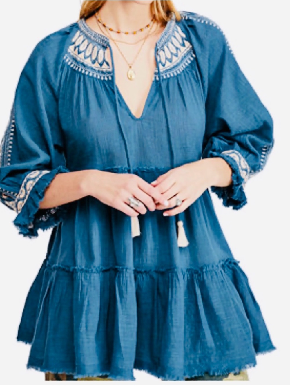 Free People Blue Embroidered Tiered Tunic